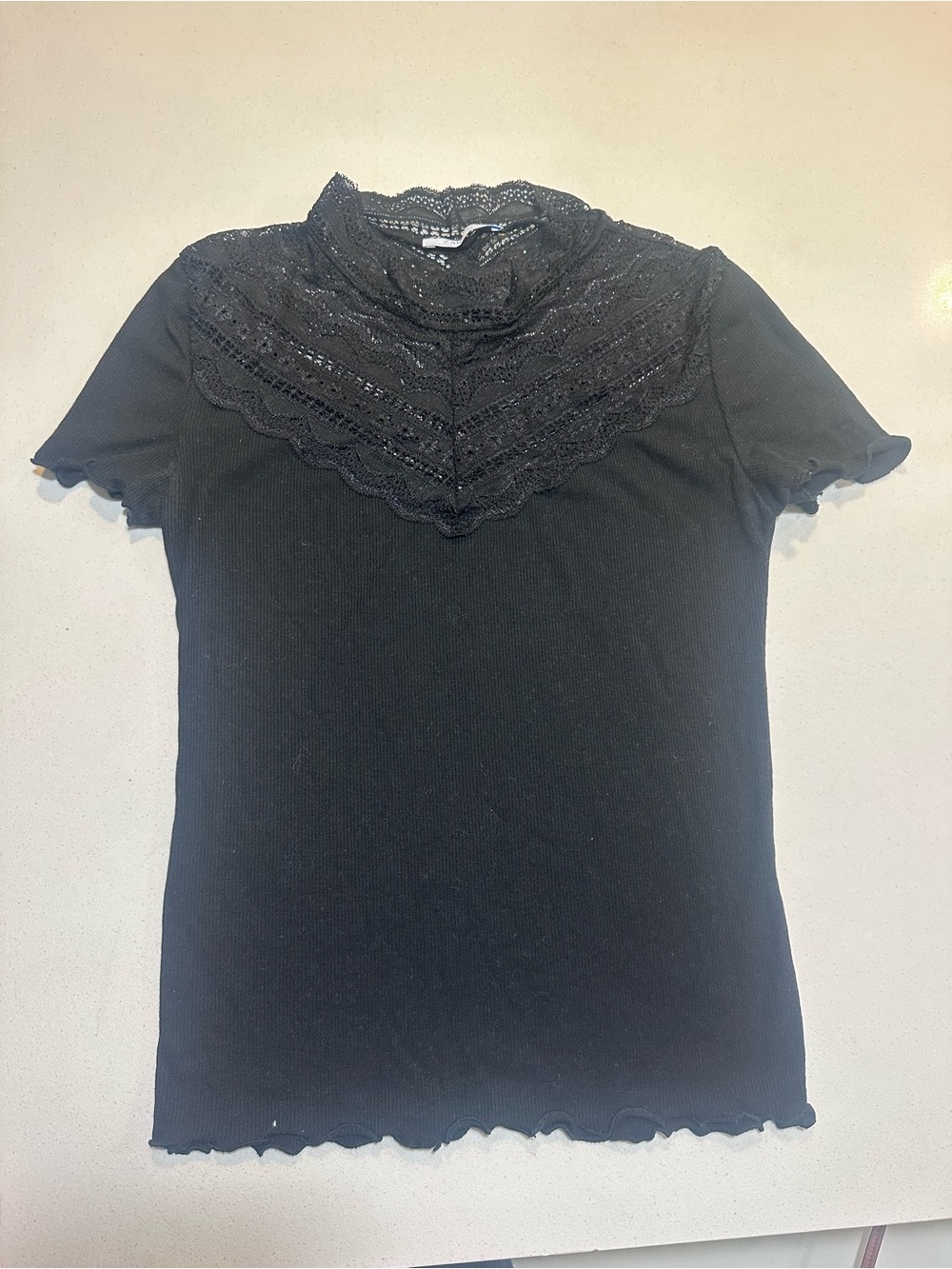 Zara Black Short Sleeve Top with Lace Yoke